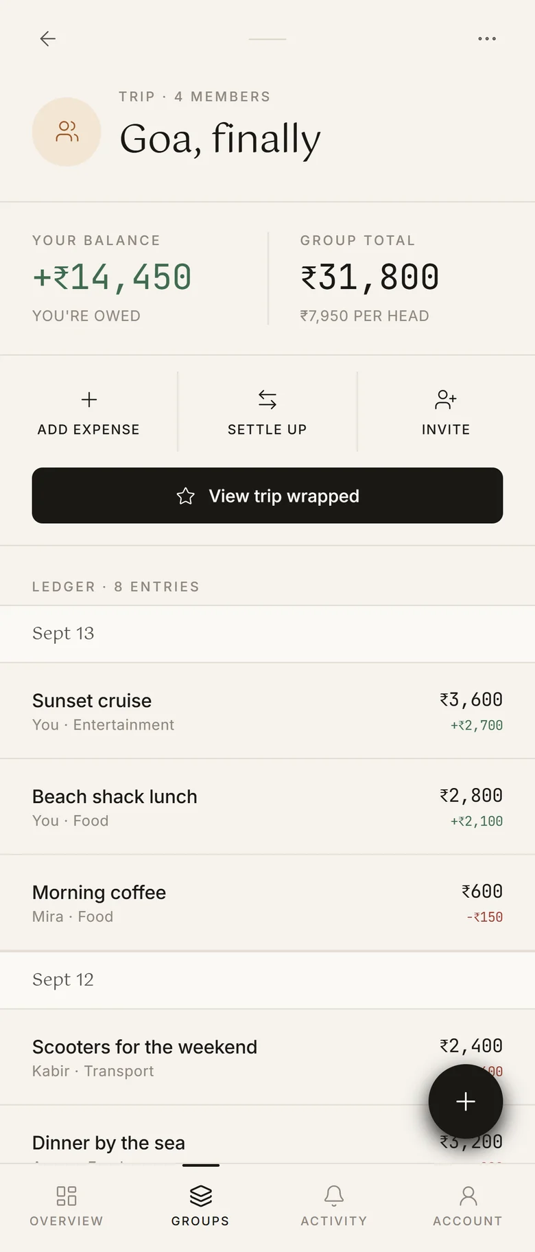 Hissaa the ledger screen with illustrative group expenses