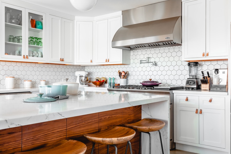 A bright shared kitchen with a breakfast counter